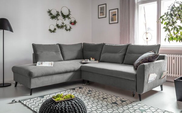 Světle šedá sametová rozkládací rohová pohovka Miuform Stylish Stan L, levý roh