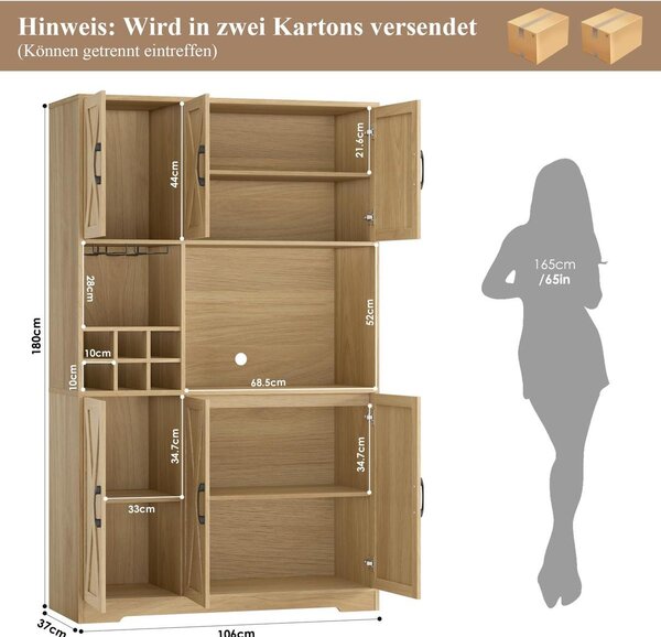 Kuchyňská skříňka spižní skříň - 180 cm vysoká - Hnědá - Šest dveří - Výsuvný regál na víno a držák na sklenice - Do kuchyně