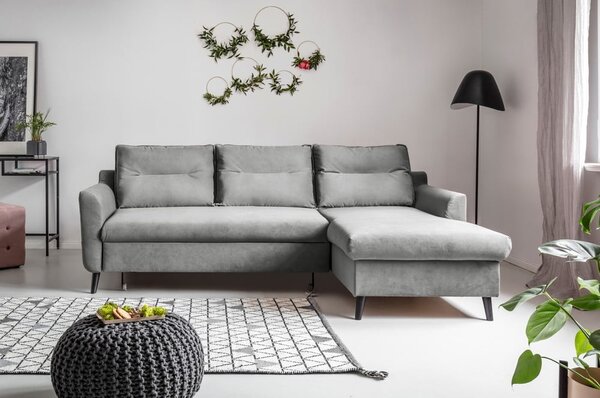 Světle šedá sametová rozkládací rohová pohovka Miuform Stylish Stan, pravý roh