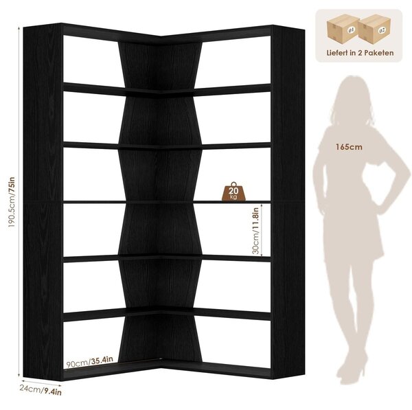 Rohový regál Knihovna - 6 polic - 90 x 90 x 190,5 cm - Černá
