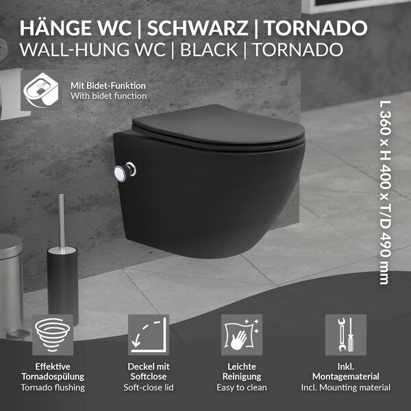 Závěsné WC - Bez okraje - S funkcí bidetu - Černé - 49 cm