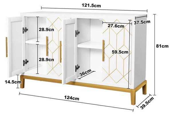Komoda Skříňka Bílá se zlatými linkami - 124 x 81 x 39,5 cm - Čtyři dvířka - Do obývacího pokoje a ložnice