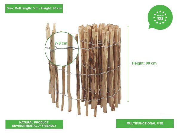 Zahradní plot - Lísková - Rolka 5 m - Výška 90 cm - Rozestup latí 7-8 cm