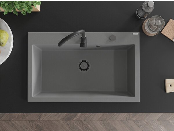 Mexen Elix, 1korový granitový dřez 800 x 500 mm, šedá, černý sifon, 6527801005-71-B