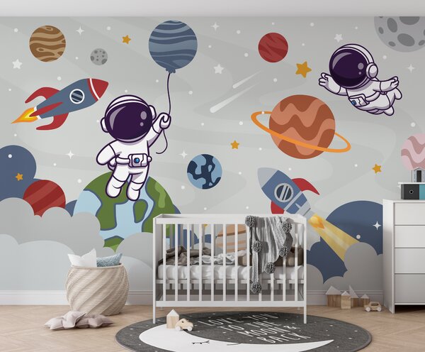 Fototapeta Kreslený astronaut ve vesmíru s planetami a raketou letící na obloze, Dětské fototapety, Populární fototapety, u94476 - Tapeko.co.cz