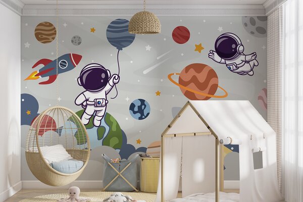 Fototapeta Kreslený astronaut ve vesmíru s planetami a raketou letící na obloze, Dětské fototapety, Populární fototapety, u94476 - Tapeko.co.cz