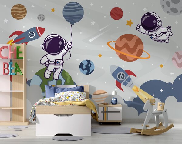 Fototapeta Kreslený astronaut ve vesmíru s planetami a raketou letící na obloze, Dětské fototapety, Populární fototapety, u94476 - Tapeko.co.cz