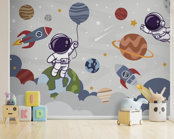 Fototapeta Kreslený astronaut ve vesmíru s planetami a raketou letící na obloze, Dětské fototapety, Populární fototapety, u94476 - Tapeko.co.cz