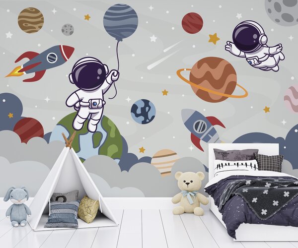 Fototapeta Kreslený astronaut ve vesmíru s planetami a raketou letící na obloze, Dětské fototapety, Populární fototapety, u94476 - Tapeko.co.cz