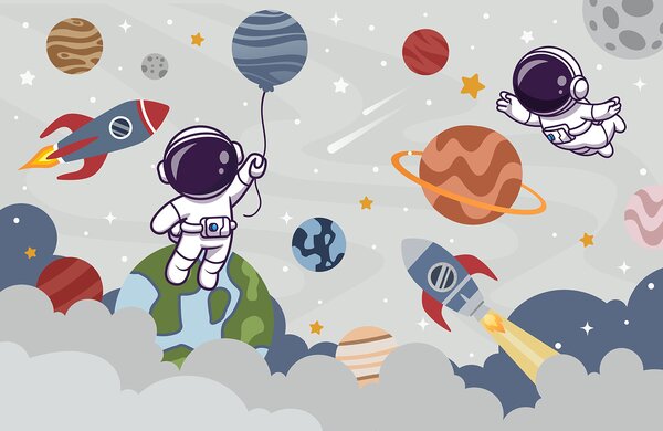 Fototapeta Kreslený astronaut ve vesmíru s planetami a raketou letící na obloze, Dětské fototapety, Populární fototapety, u94476 - Tapeko.co.cz