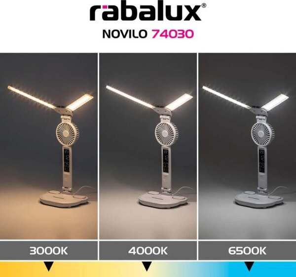 Rabalux 74030 NOVILO - LED dotykem stmívatelná stolní lampa s ventilátorem, LED 7W, 420lm, 3000-4000-6500K (Stolní lampička s ventilátorem)