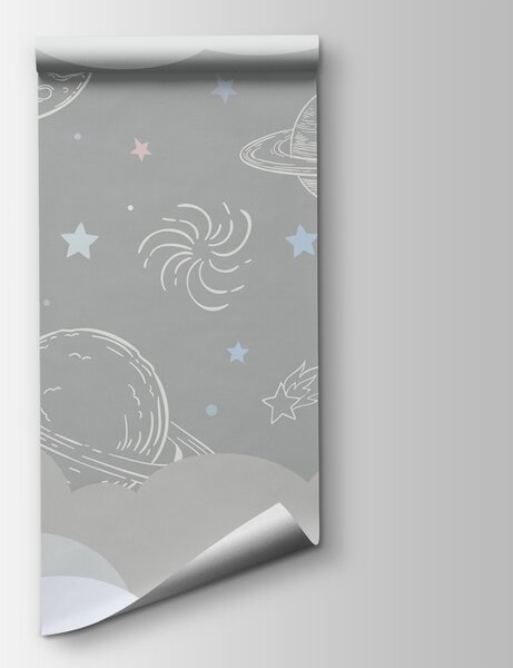 Fototapeta Šedé pozadí s mraky a raketami, Dětské fototapety, Populární fototapety, u94636 - Tapeko.co.cz