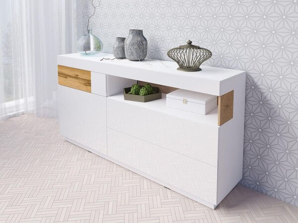 Komoda Stacey Typ 47 (dub + bílý vysoký lesk). Akce -18%