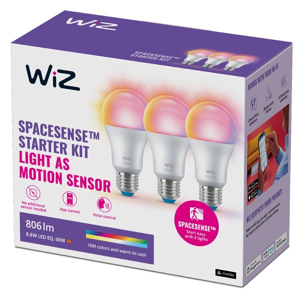WiZ SET 3x LED žárovka E27 A60 8,8W 806lm 2200-6500K RGB IP20, stmívatelná