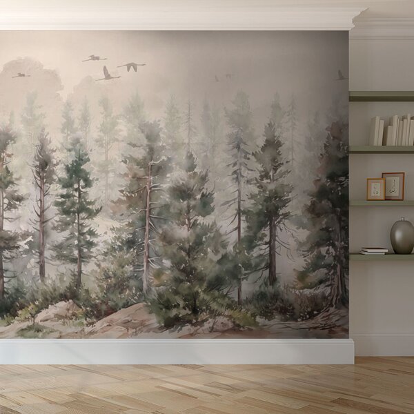 Fototapeta Akvarel stromů a ptáků letících nad mlžným lesem, Lesní fototapety, Populární fototapety, u94848 - Tapeko.co.cz