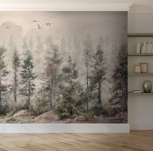 Fototapeta Akvarel stromů a ptáků letících nad mlžným lesem, Lesní fototapety, Populární fototapety, u94848 - Tapeko.co.cz
