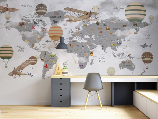 Fototapeta Mapa světa se zvířaty a horkovzdušnými balóny, Dětské fototapety, Populární fototapety, u95040 - Tapeko.co.cz