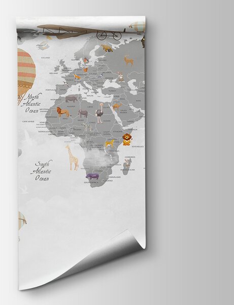 Fototapeta Mapa světa se zvířaty a horkovzdušnými balóny, Dětské fototapety, Populární fototapety, u95040 - Tapeko.co.cz