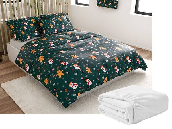 Sada mikroplyšového povlečení SNĚHULÁK A PERNÍČEK zelené + prostěradlo mikroplyš SOFT 180x200 cm bílé, dvoulůžko