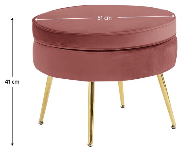 KONDELA Luxusní taburet, růžová Velvet látka / chrom zlatý, Art-deco, NOBLIN TYP 1
