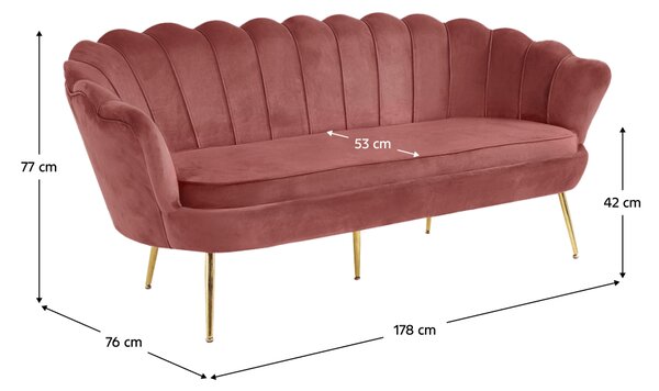 KONDELA Luxusní pohovka, 3-sed, růžová Velvet látka / chrom zlatý, styl Art-deco, NOBLIN