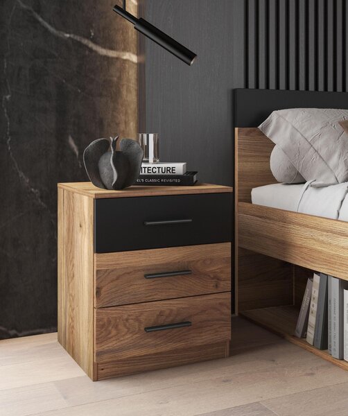 Noční stolek Gamma (dub + černá barva). Akce -15%