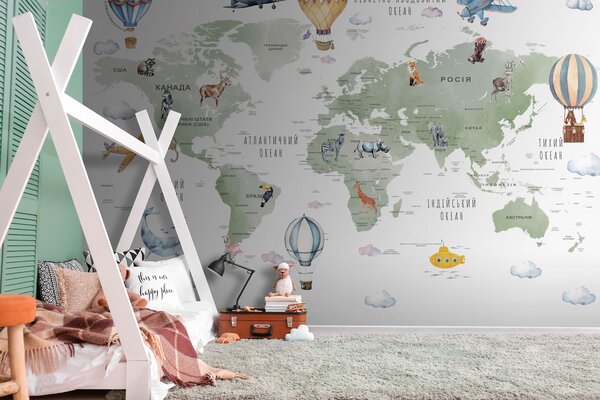 Fototapeta Mapa světa se zvířaty a slovy, Dětské fototapety, Populární fototapety, u95274 - Tapeko.co.cz