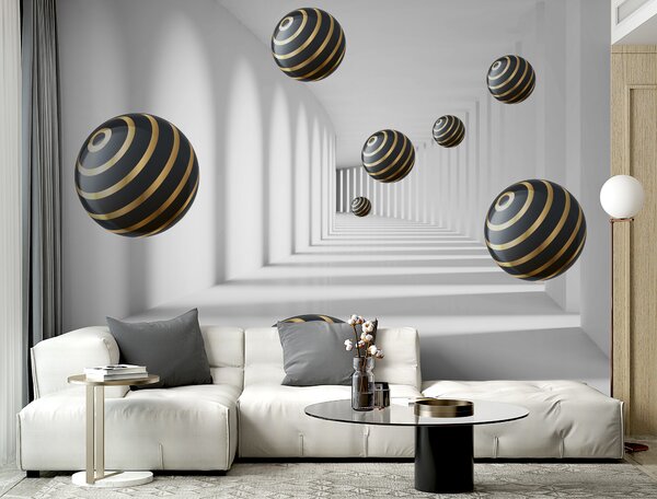 Fototapeta Pruhované koule se vznášejí v bílé chodbě, 3D fototapety, Populární fototapety, u95356 - Tapeko.co.cz