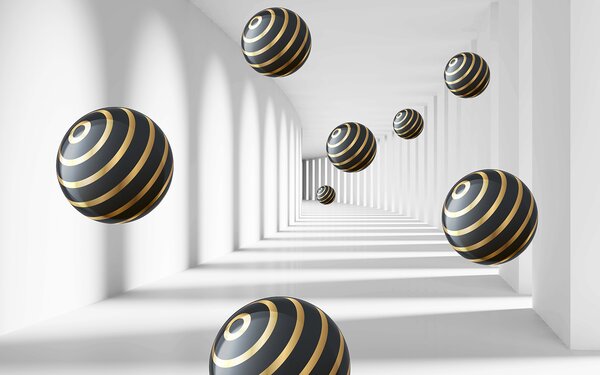 Fototapeta Pruhované koule se vznášejí v bílé chodbě, 3D fototapety, Populární fototapety, u95356 - Tapeko.co.cz