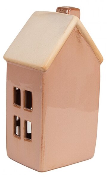 Vánoční dekorace s LED světlem hnědý porcelánový domeček s okny, srdíčkem a komínem – 8x6x15 cm