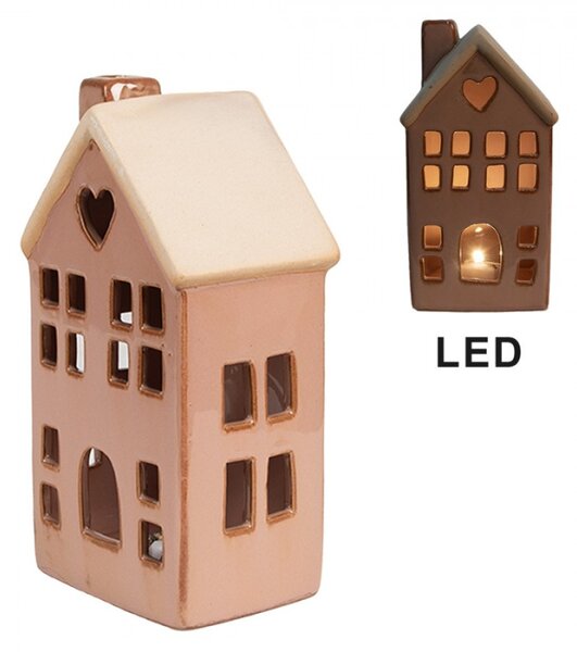 Vánoční dekorace s LED světlem hnědý porcelánový domeček s okny, srdíčkem a komínem – 8x6x15 cm