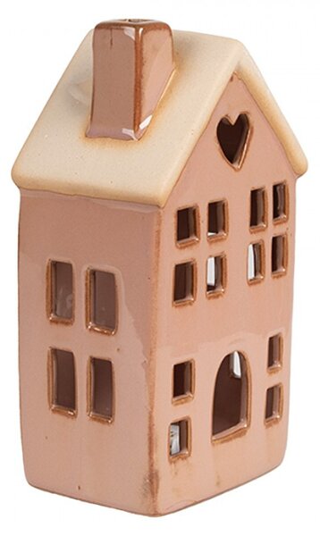 Vánoční dekorace s LED světlem hnědý porcelánový domeček s okny, srdíčkem a komínem – 8x6x15 cm