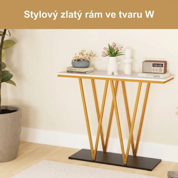 Konzolový stolek, design mramoru, bílo-zlatý JV12416WH