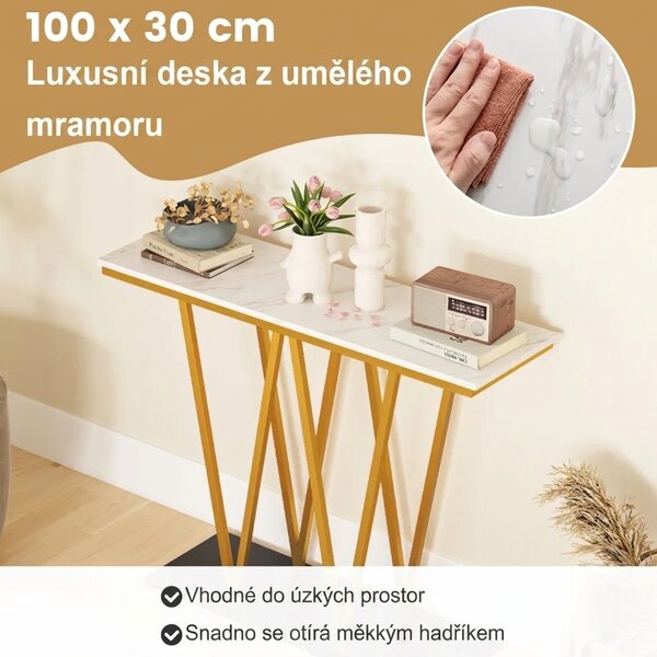 Konzolový stolek, design mramoru, bílo-zlatý JV12416WH