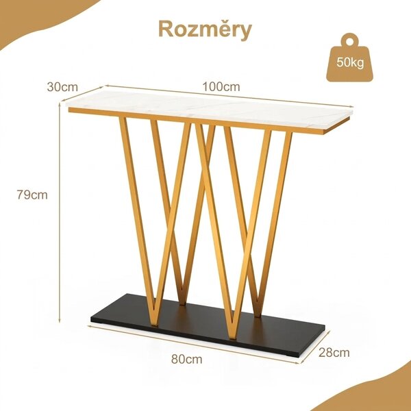 Konzolový stolek, design mramoru, bílo-zlatý JV12416WH