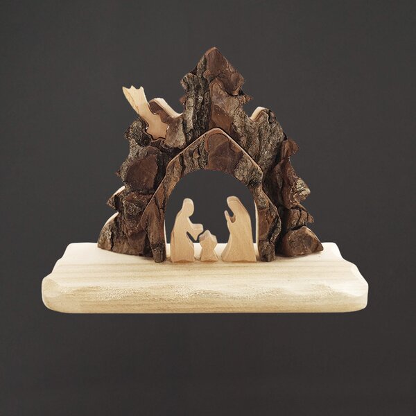 AMADEA Dřevěný betlém s kůrou, masivní dřevo, 13x10x3 cm