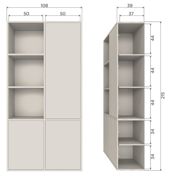 WOOOD Světle šedá dřevěná modulární skříň Meggy 215 x 108 cm, pravá