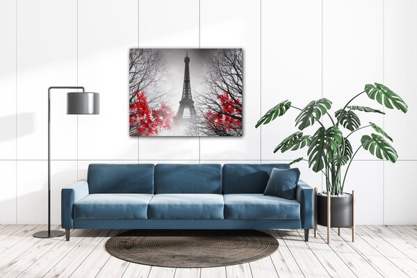 Impresi Obraz Eiffelova věž černobílá s červeným detailem - 90 x 70 cm