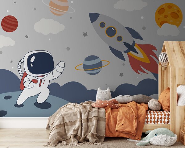 Fototapeta Kreslený film astronauta kráčejícího po planetě s raketou na obloze, Dětské fototapety, Populární fototapety, u95706 - Tapeko.co.cz