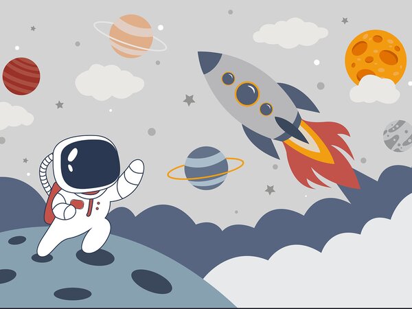 Fototapeta Kreslený film astronauta kráčejícího po planetě s raketou na obloze, Dětské fototapety, Populární fototapety, u95706 - Tapeko.co.cz