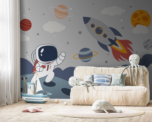 Fototapeta Kreslený film astronauta kráčejícího po planetě s raketou na obloze, Dětské fototapety, Populární fototapety, u95706 - Tapeko.co.cz