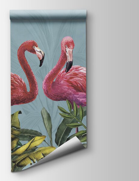 Fototapeta Dva růžoví plameňáci a zelené listy, Fototapety se zvířaty, Populární fototapety, u95732 - Tapeko.co.cz
