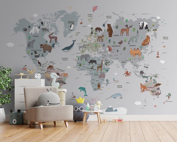 Fototapeta Mapa světa se zvířaty, Dětské fototapety, Populární fototapety, u95844 - Tapeko.co.cz