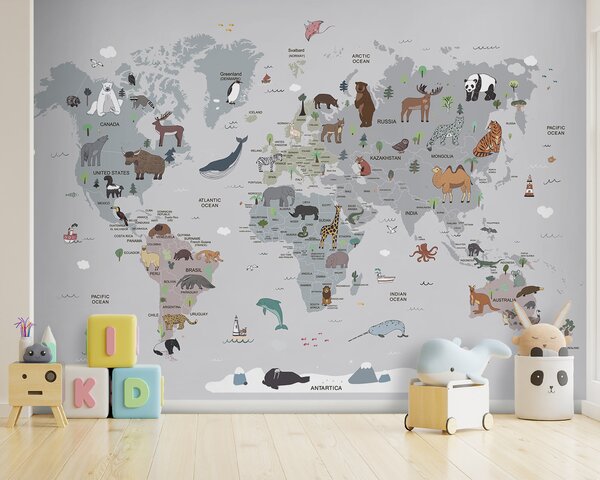 Fototapeta Mapa světa se zvířaty, Dětské fototapety, Populární fototapety, u95844 - Tapeko.co.cz