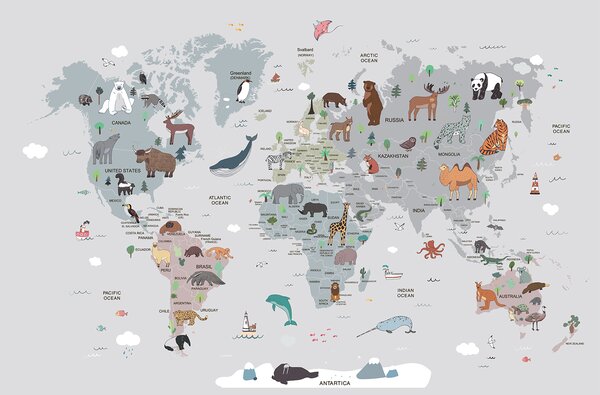 Fototapeta Mapa světa se zvířaty, Dětské fototapety, Populární fototapety, u95844 - Tapeko.co.cz