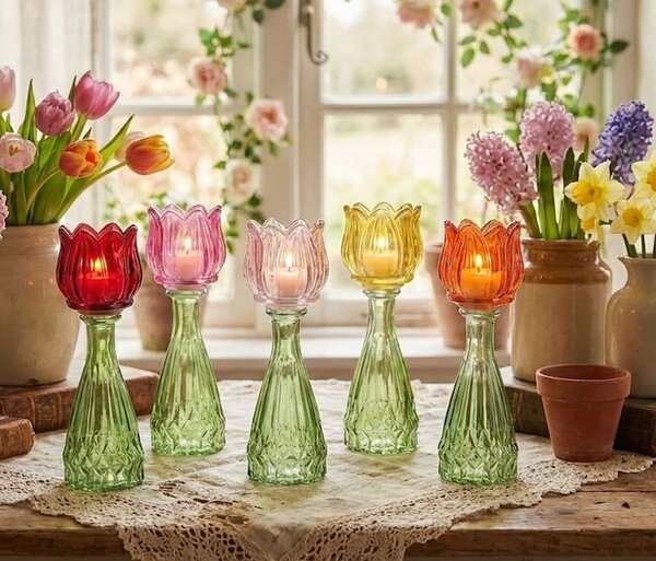 5ks barevný mix skleněný svícen/ váza tulipán Love Tulip - Ø 7*22 cm - daan kromhout