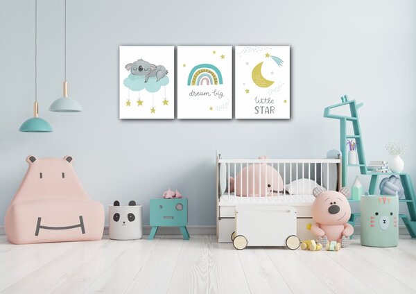 Impresi Obraz Sada obrázků koala modro žlutá - 90 x 40 cm (3 dílný)