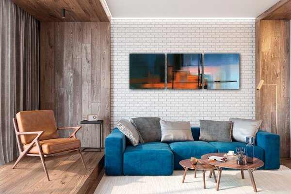 Impresi Obraz Abstrakt modrý s oranžovým detailem - 90 x 30 cm (3 dílný)