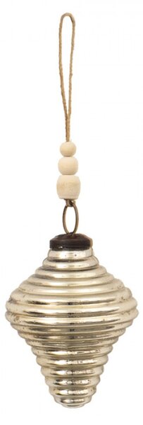 Stříbrná antik skleněná ozdoba na jutovém provázku – 6x8 cm