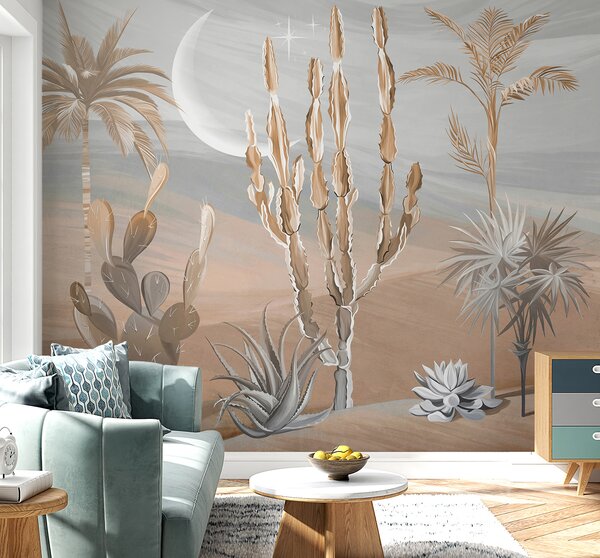 Fototapeta Pouštní krajina s kaktusy a palmami, 3D fototapety, Populární fototapety, u96444 - Tapeko.co.cz